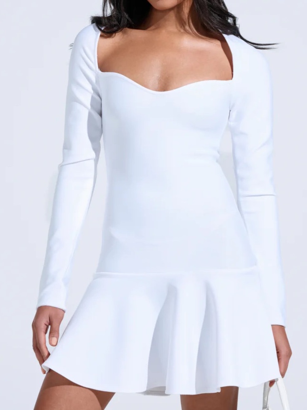 White Long-Sleeve Sweetheart Neck Fit & Flare Dress